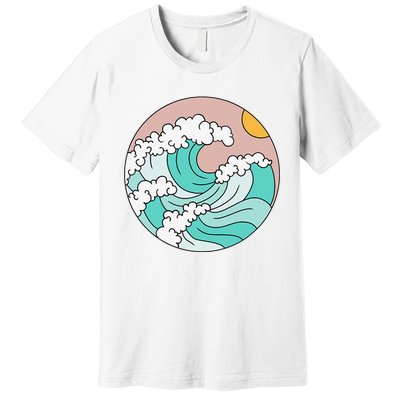 Summer Theme Teal Blue Waves Japanese Graphic Ocean Sky Sun Premium T-Shirt