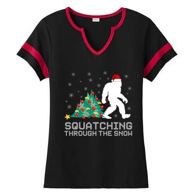 Squatching Through The Snow Bigfoot Christmas Sasquatch Gift Ladies Halftime Notch Neck Tee