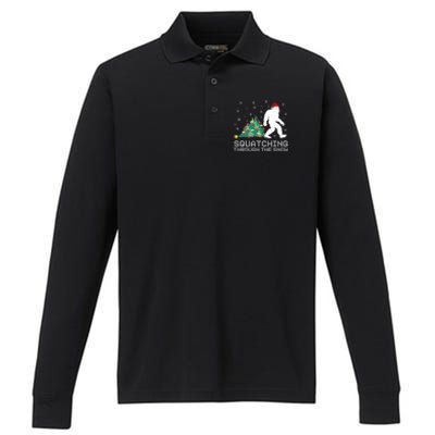 Squatching Through The Snow Bigfoot Christmas Sasquatch Gift Performance Long Sleeve Polo