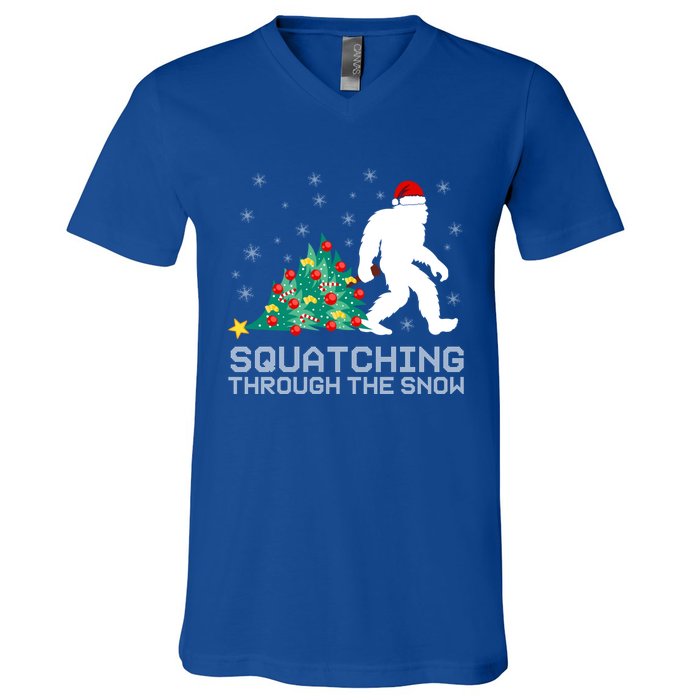 Squatching Through The Snow Bigfoot Christmas Sasquatch Gift V-Neck T-Shirt