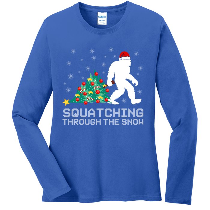 Squatching Through The Snow Bigfoot Christmas Sasquatch Gift Ladies Long Sleeve Shirt