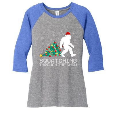 Squatching Through The Snow Bigfoot Christmas Sasquatch Gift Women's Tri-Blend 3/4-Sleeve Raglan Shirt