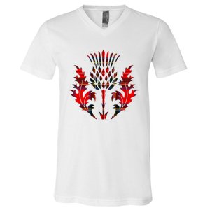 Scottish Tartan Thistle Emblem V-Neck T-Shirt