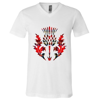 Scottish Tartan Thistle Emblem V-Neck T-Shirt