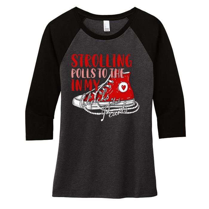 Strolling To The Polls In My Chucks And Pearls Kamala 2024 Women's Tri-Blend 3/4-Sleeve Raglan Shirt