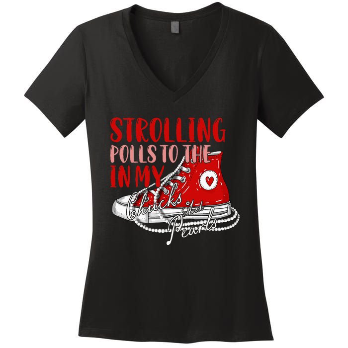 Strolling To The Polls In My Chucks And Pearls Kamala 2024 Women's V-Neck T-Shirt