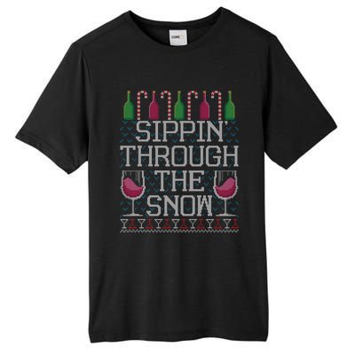 Sippin Through The Snow Red Wine Ugly Christmas Sweater Funny Gift Tall Fusion ChromaSoft Performance T-Shirt