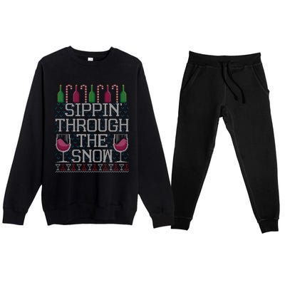 Sippin Through The Snow Red Wine Ugly Christmas Sweater Funny Gift Premium Crewneck Sweatsuit Set