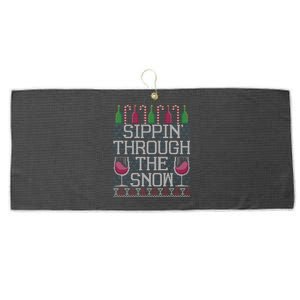 Sippin Through The Snow Red Wine Ugly Christmas Sweater Funny Gift Large Microfiber Waffle Golf Towel