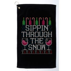 Sippin Through The Snow Red Wine Ugly Christmas Sweater Funny Gift Platinum Collection Golf Towel