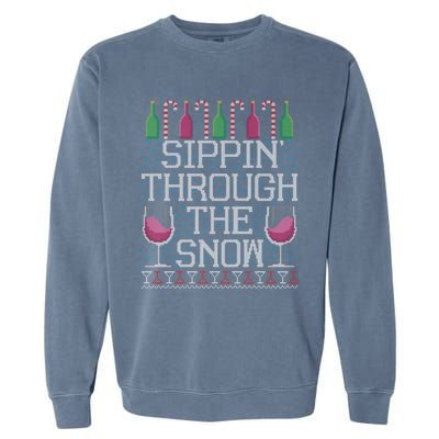 Sippin Through The Snow Red Wine Ugly Christmas Sweater Funny Gift Garment-Dyed Sweatshirt