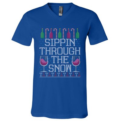 Sippin Through The Snow Red Wine Ugly Christmas Sweater Funny Gift V-Neck T-Shirt