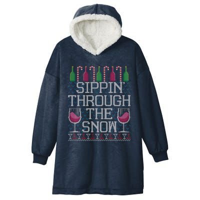 Sippin Through The Snow Red Wine Ugly Christmas Sweater Funny Gift Hooded Wearable Blanket