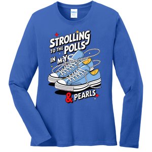 Strolling To The Polls In My Chucks & Pearls Kamala Cat Lady Ladies Long Sleeve Shirt