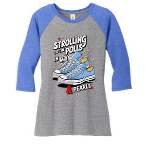 Strolling To The Polls In My Chucks & Pearls Kamala Cat Lady Women's Tri-Blend 3/4-Sleeve Raglan Shirt