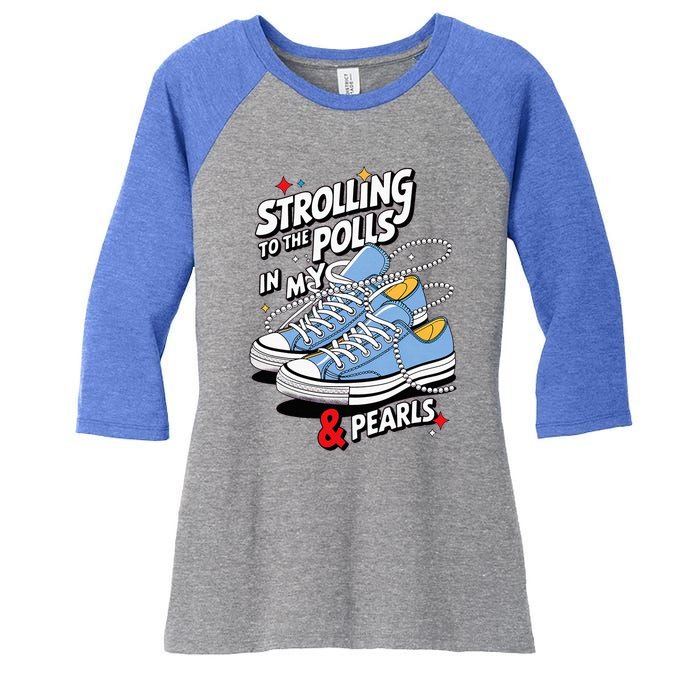 Strolling To The Polls In My Chucks & Pearls Kamala Cat Lady Women's Tri-Blend 3/4-Sleeve Raglan Shirt