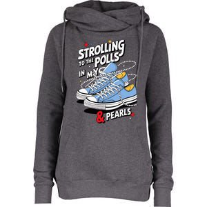 Strolling To The Polls In My Chucks & Pearls Kamala Cat Lady Womens Funnel Neck Pullover Hood