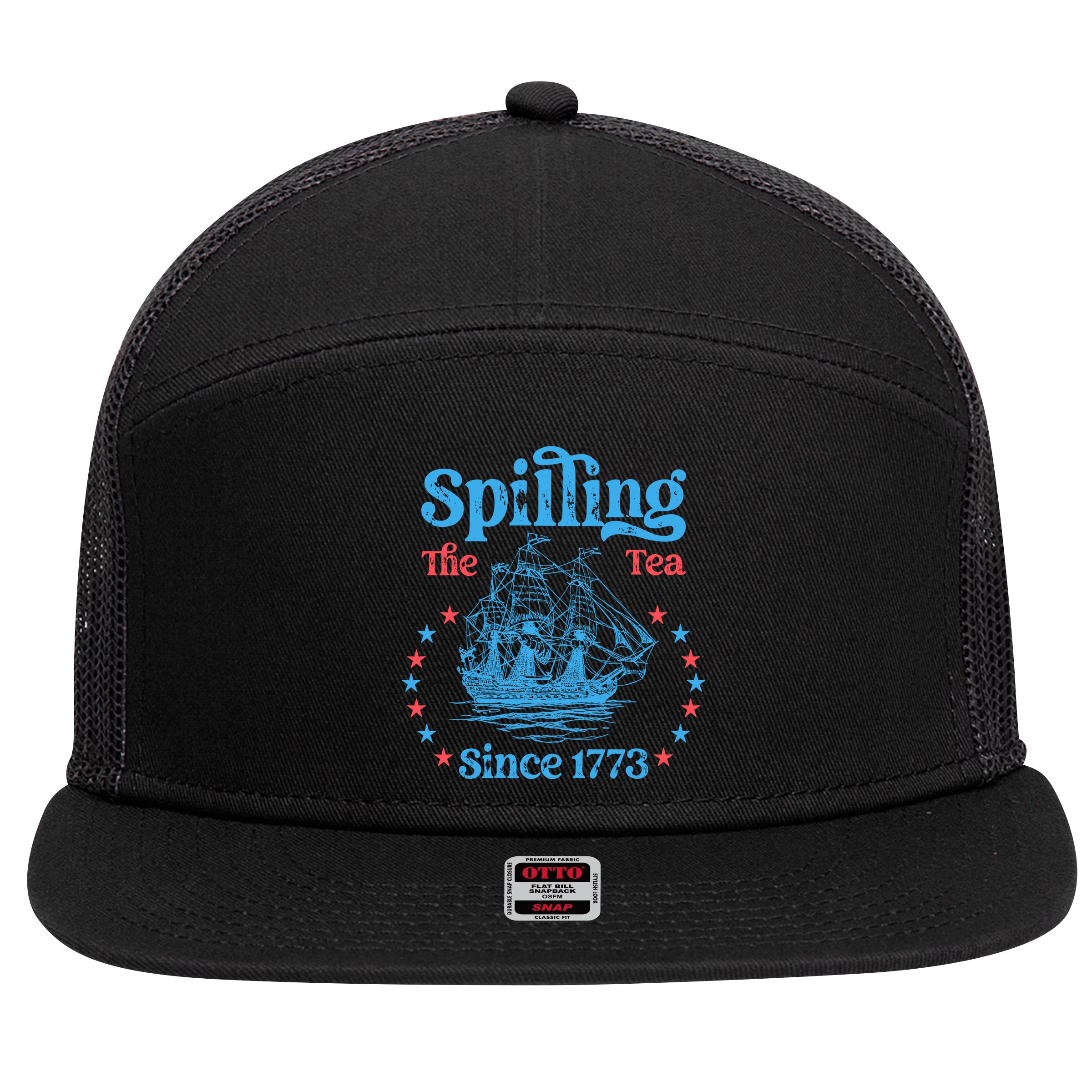 Spilling The Tea Since 1773 American History 7 Panel Mesh Trucker Snapback Hat