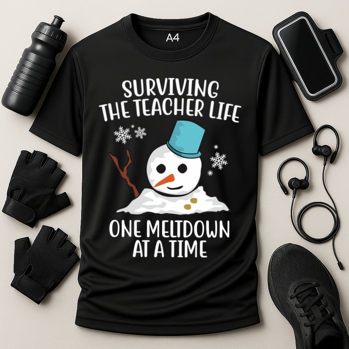Surviving The Teacher Life One Meltdown At A Time Snowman Cooling Performance Crew T-Shirt