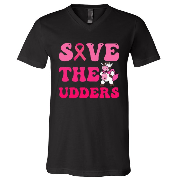 Save The Udders Cow Groove Breast Cancer Awareness V-Neck T-Shirt