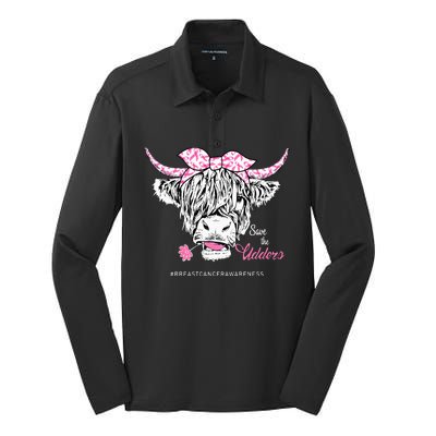 Save The Udders Heifer Cow Breast Cancer Awareness Day Silk Touch Performance Long Sleeve Polo