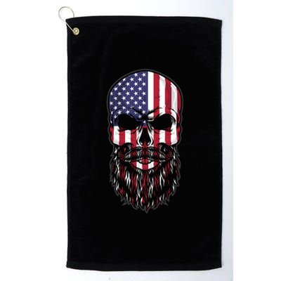 Skull Trucker Usa Flag Patriotic 4th July Skull Beard Gift Platinum Collection Golf Towel