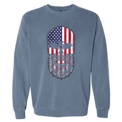 Skull Trucker Usa Flag Patriotic 4th July Skull Beard Gift Garment-Dyed Sweatshirt