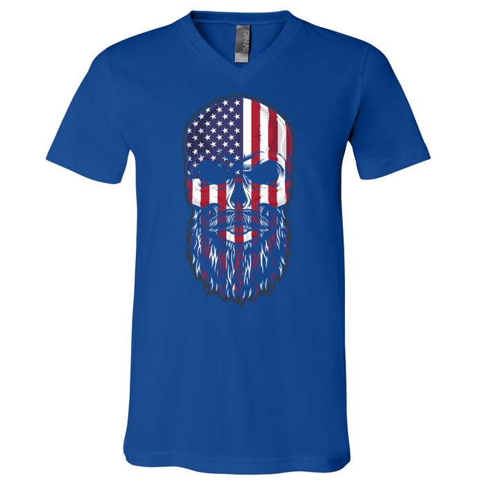 Skull Trucker Usa Flag Patriotic 4th July Skull Beard Gift V-Neck T-Shirt