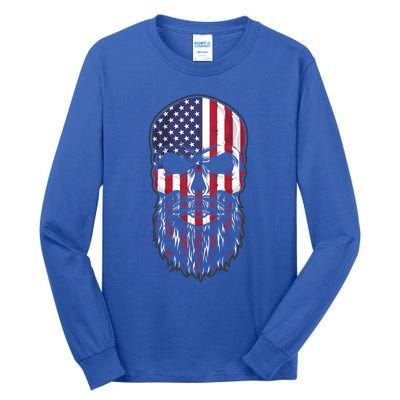 Skull Trucker Usa Flag Patriotic 4th July Skull Beard Gift Tall Long Sleeve T-Shirt