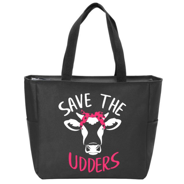 Save The Udders Breast Cancer Awareness Cow Zip Tote Bag
