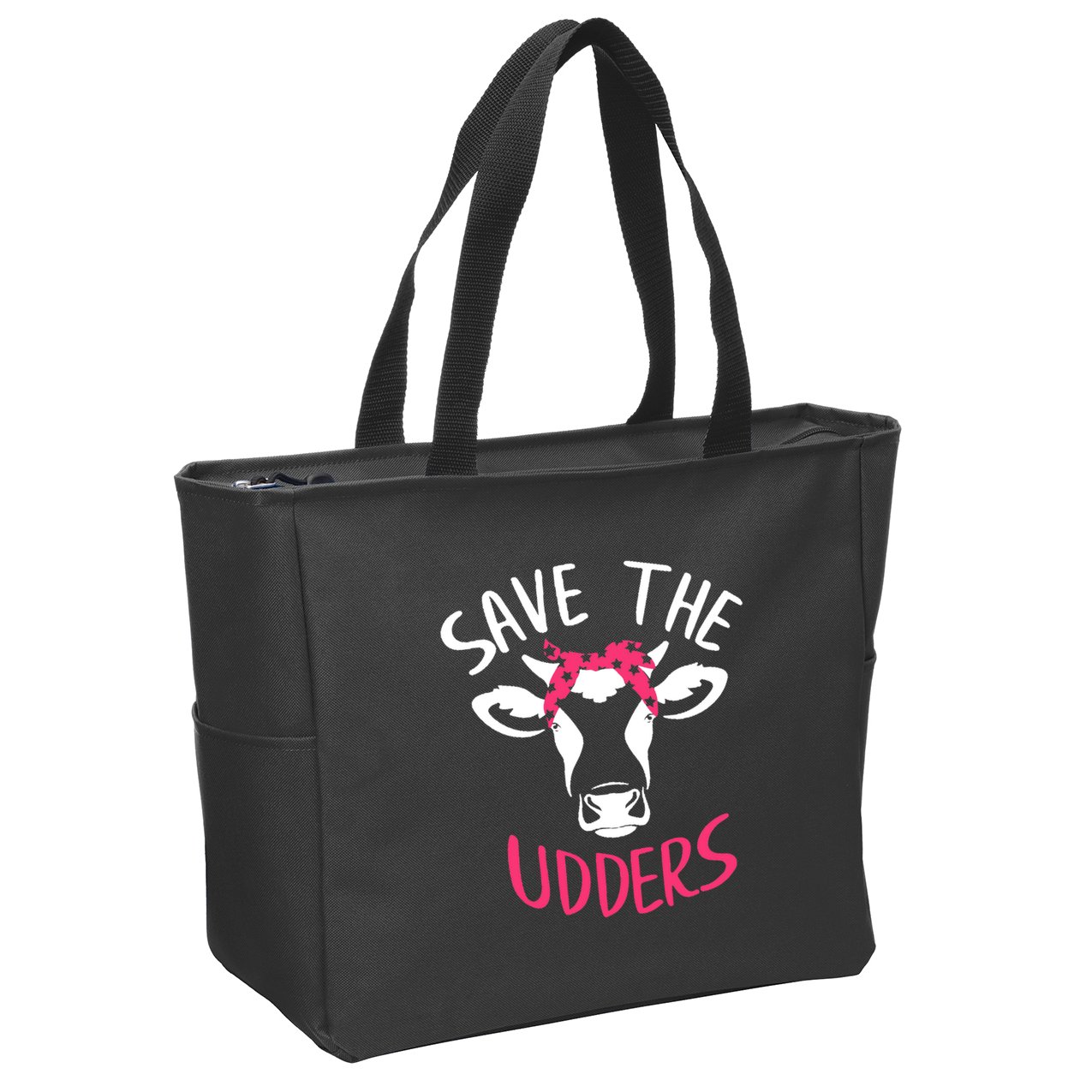 Save The Udders Breast Cancer Awareness Cow Zip Tote Bag