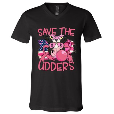 Save The Udders Breast Cancer Awareness Warrior Cow V-Neck T-Shirt