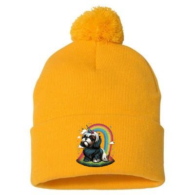 Shih Tzu Unicorn On Rainbow Unicorn Shih Tzu Pom Pom 12in Knit Beanie