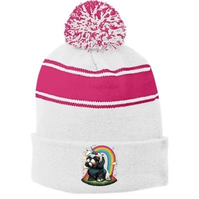 Shih Tzu Unicorn On Rainbow Unicorn Shih Tzu Stripe Pom Pom Beanie