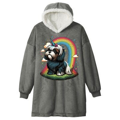 Shih Tzu Unicorn On Rainbow Unicorn Shih Tzu Hooded Wearable Blanket