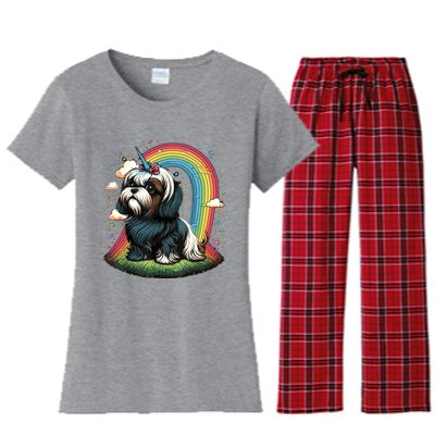 Shih Tzu Unicorn On Rainbow Unicorn Shih Tzu Women's Flannel Pajama Set