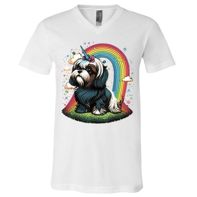 Shih Tzu Unicorn On Rainbow Unicorn Shih Tzu V-Neck T-Shirt