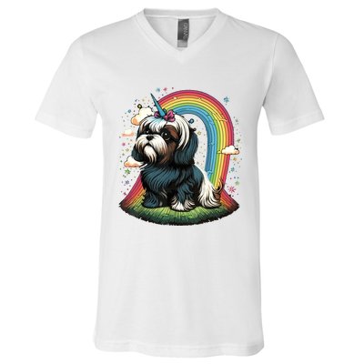 Shih Tzu Unicorn On Rainbow Unicorn Shih Tzu V-Neck T-Shirt