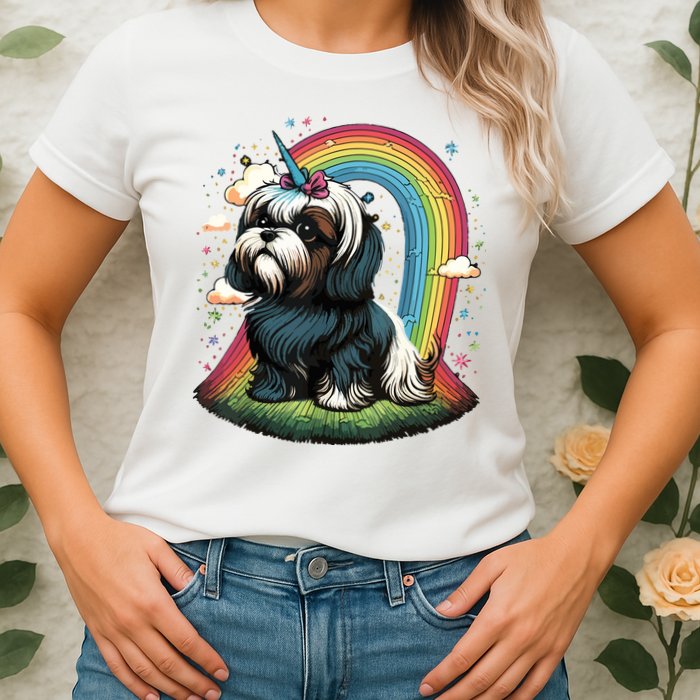 Shih Tzu Unicorn On Rainbow Unicorn Shih Tzu Womens T-Shirt