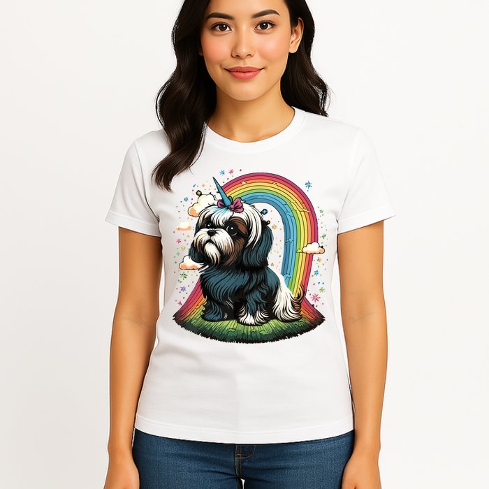Shih Tzu Unicorn On Rainbow Unicorn Shih Tzu Womens T-Shirt