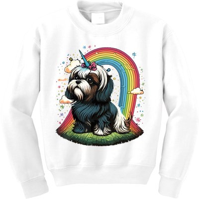 Shih Tzu Unicorn On Rainbow Unicorn Shih Tzu Kids Sweatshirt