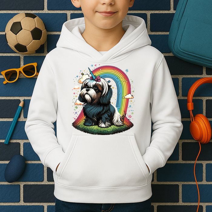 Shih Tzu Unicorn On Rainbow Unicorn Shih Tzu Kids Hoodie