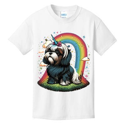 Shih Tzu Unicorn On Rainbow Unicorn Shih Tzu Kids T-Shirt