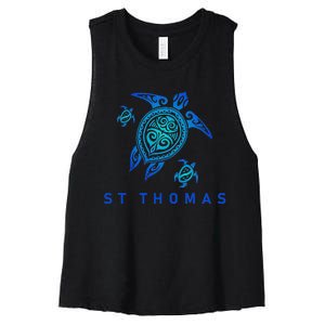 St Thomas Virgin Islands Sea Blue Tribal Turtle Women's Racerback Cropped Tank