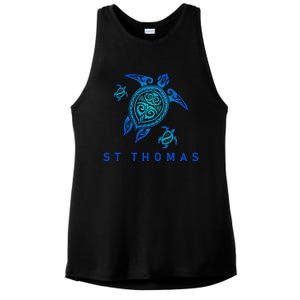 St Thomas Virgin Islands Sea Blue Tribal Turtle Ladies PosiCharge Tri-Blend Wicking Tank