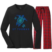 St Thomas Virgin Islands Sea Blue Tribal Turtle Women's Long Sleeve Flannel Pajama Set 