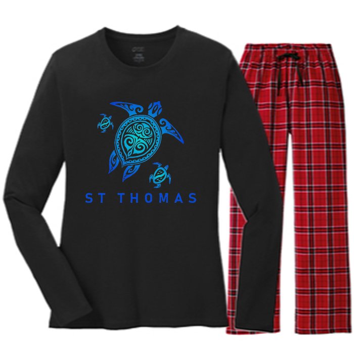 St Thomas Virgin Islands Sea Blue Tribal Turtle Women's Long Sleeve Flannel Pajama Set 