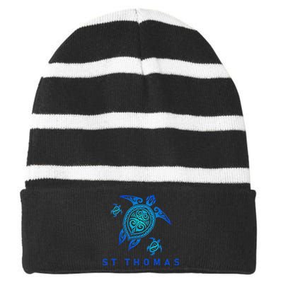 St Thomas Virgin Islands Sea Blue Tribal Turtle Striped Beanie with Solid Band