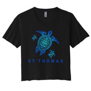 St Thomas Virgin Islands Sea Blue Tribal Turtle Women's Crop Top Tee