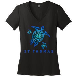 St Thomas Virgin Islands Sea Blue Tribal Turtle Women's V-Neck T-Shirt